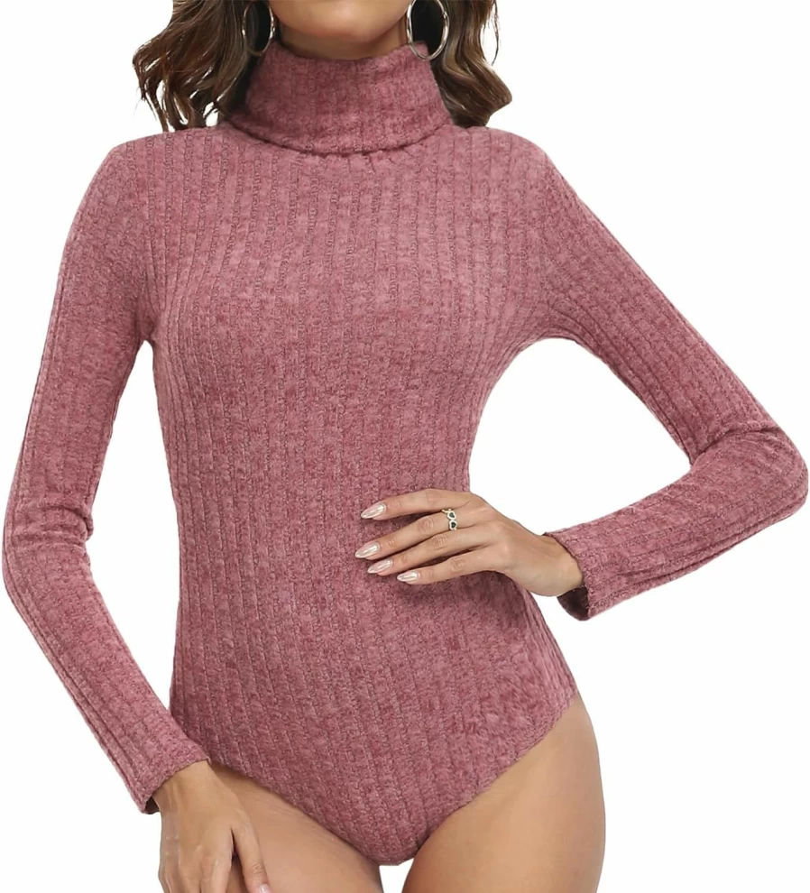 LAOLASI Women's Ribbed Knit Long Sleeve Bodysuit - Slim Fit Stretchy Basic Top for Casual Wear