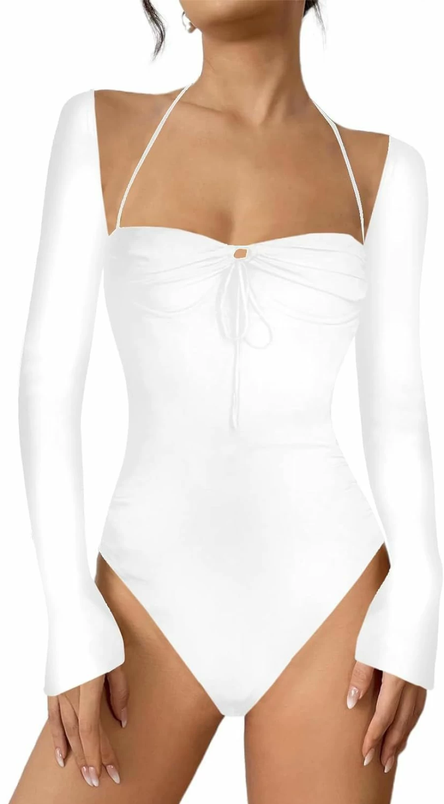 LilyCoco Women's Sexy Backless Long Sleeve Bodysuit - Square Neck Halter Tops for Women