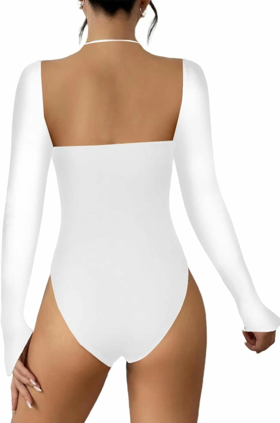 LilyCoco Women's Sexy Backless Long Sleeve Bodysuit - Square Neck Halter Tops for Women