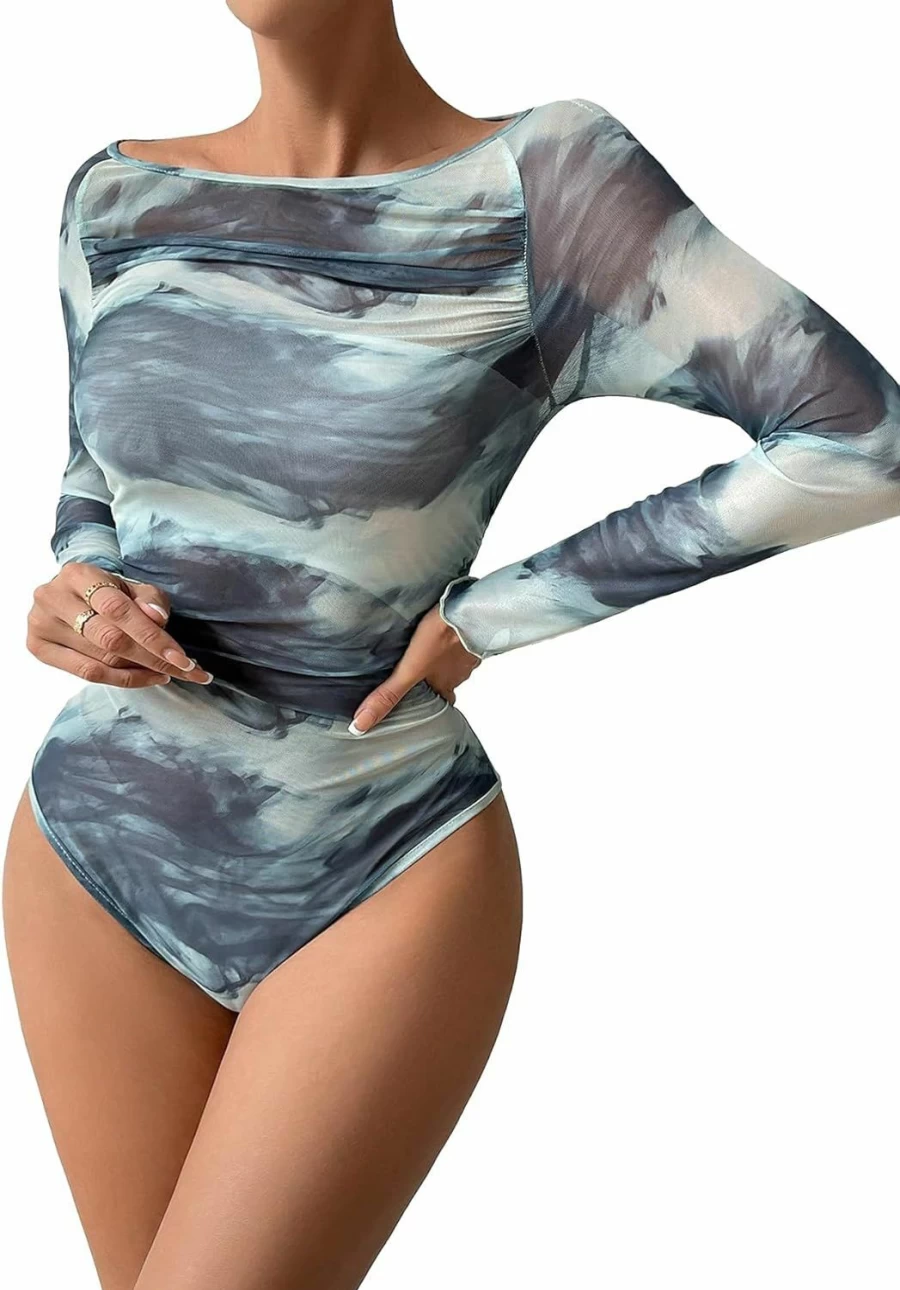 SHENHE Women's Tie-Dye Mesh Long Sleeve Bodysuit Top with Asymmetrical Neckline