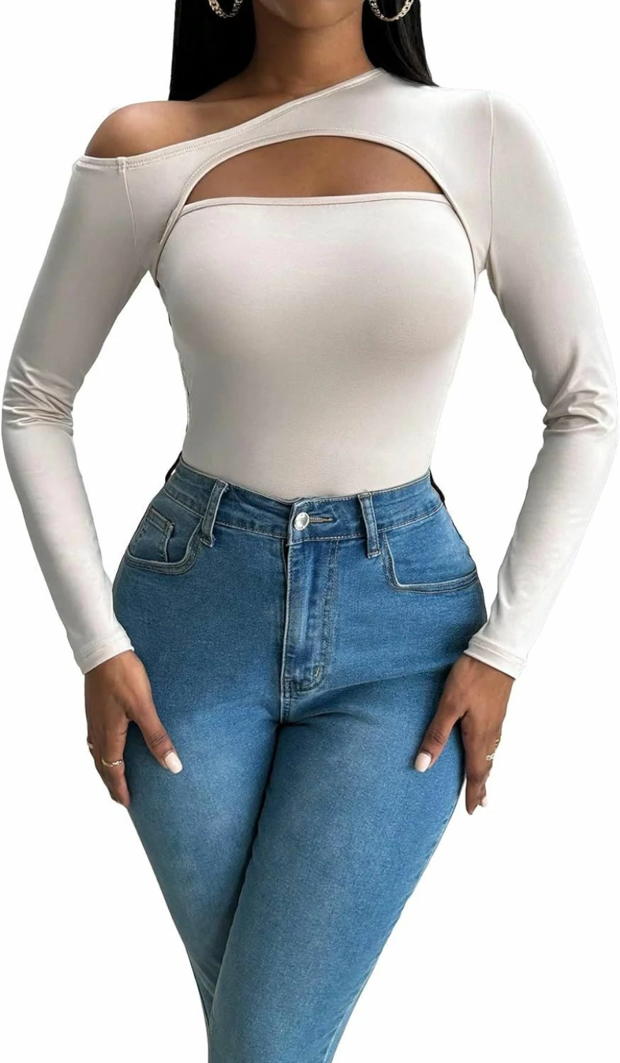 MakeMeChic Women's Asymmetrical Cut Out Slim Fit Long Sleeve Bodysuit - Casual Solid Tee Top