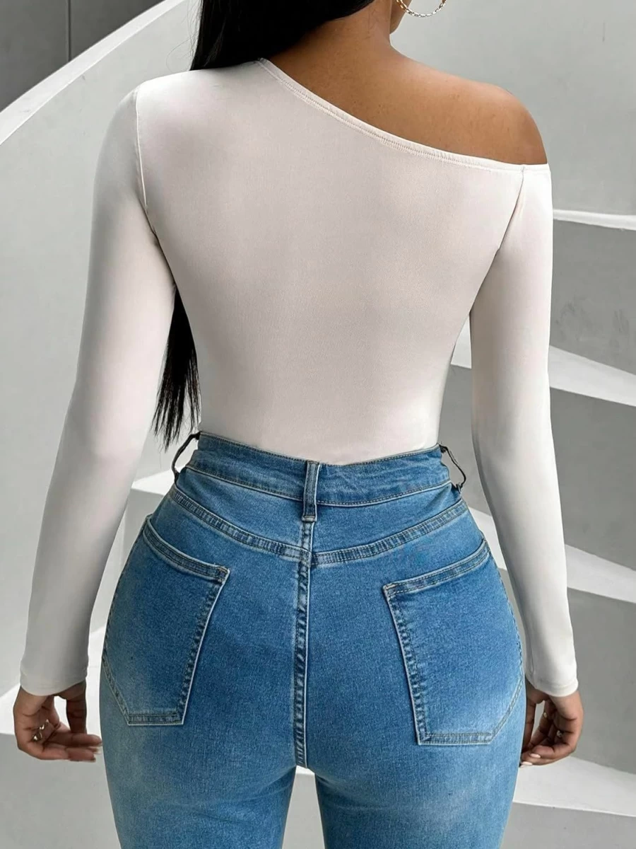 MakeMeChic Women's Asymmetrical Cut Out Slim Fit Long Sleeve Bodysuit - Casual Solid Tee Top