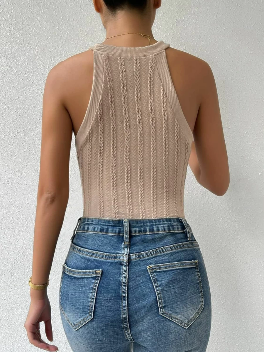 WDIRARA Women's Casual Knit Halter Neck Bodysuit - Sleeveless Stretchy Tank Top