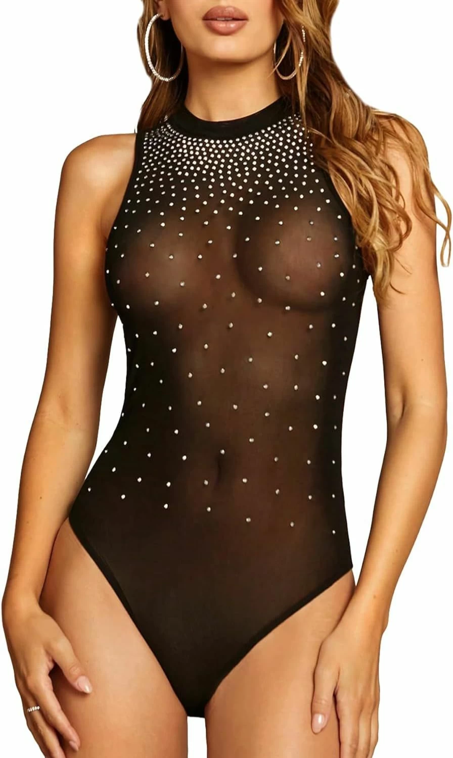 GORGLITTER Women's Sparkling Rhinestone Mesh Bodysuit - Sleeveless Turtleneck Leotard Top for Party & Night Out