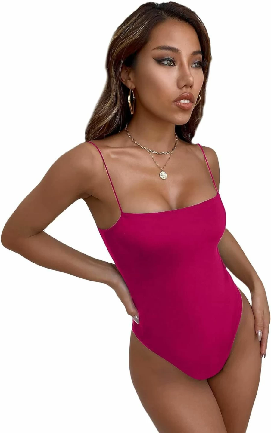 SheIn Women's Backless Square Neck Bodysuit - Sleeveless Spaghetti Strap Leotard Top for Bodycon Jumpsuits