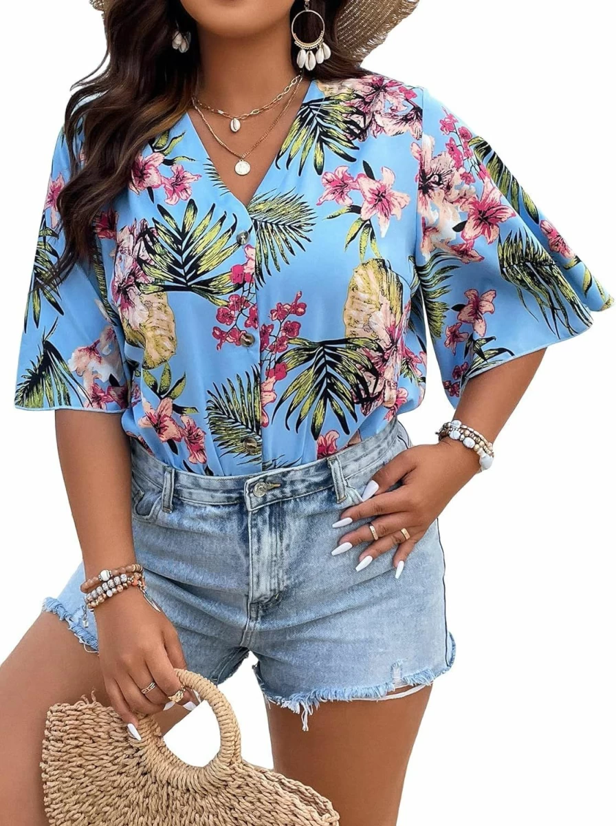 OYOANGLE Women's Plus Size Boho Button Front V-Neck Bodysuit Top - Tropical Print Half Sleeve Shirt