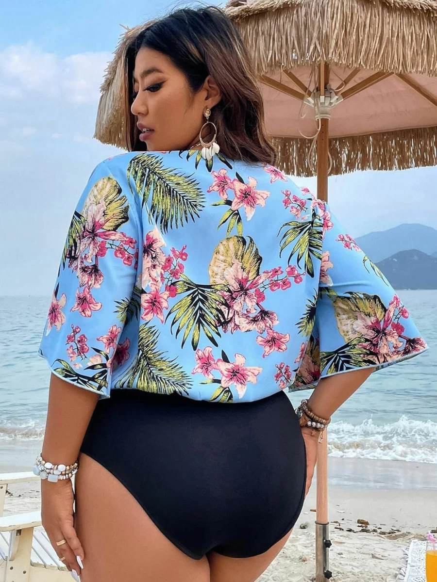 OYOANGLE Women's Plus Size Boho Button Front V-Neck Bodysuit Top - Tropical Print Half Sleeve Shirt