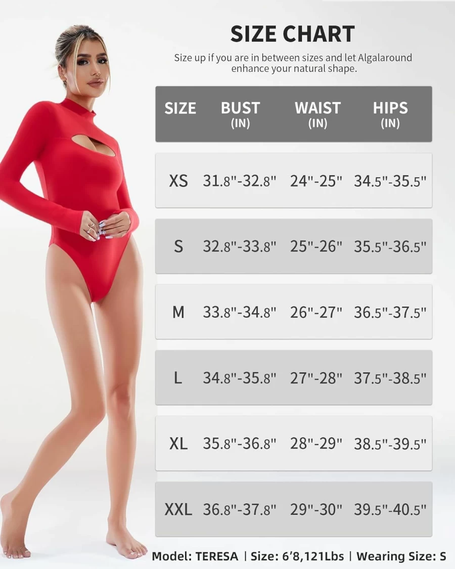 ALGALAROUND Women's Fashion Mock Neck Long Sleeve Bodysuit - Stretchable Sculpting Tops for Women, Double Lined Comfort, Stylish Cutout Design