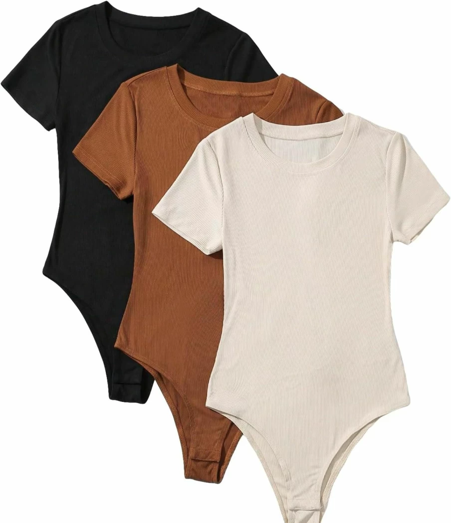 GORGLITTER Women's Ribbed Knit Bodysuit - 3 Pack Solid Color Round Neck Short Sleeve Leotard T-Shirts