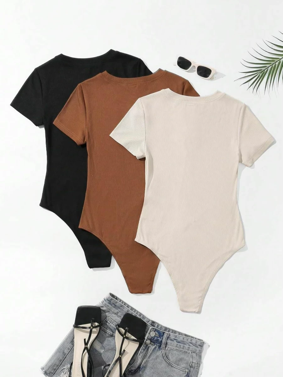 GORGLITTER Women's Ribbed Knit Bodysuit - 3 Pack Solid Color Round Neck Short Sleeve Leotard T-Shirts