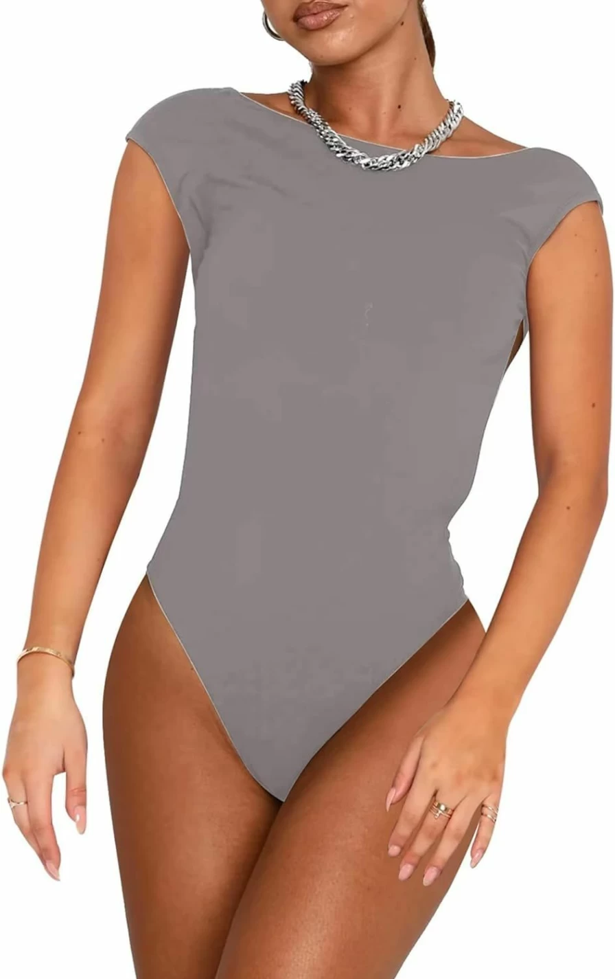 Minclouse Women's Sexy Backless Cutout Tank Top Bodysuit - Summer Short Sleeve Jumpsuit