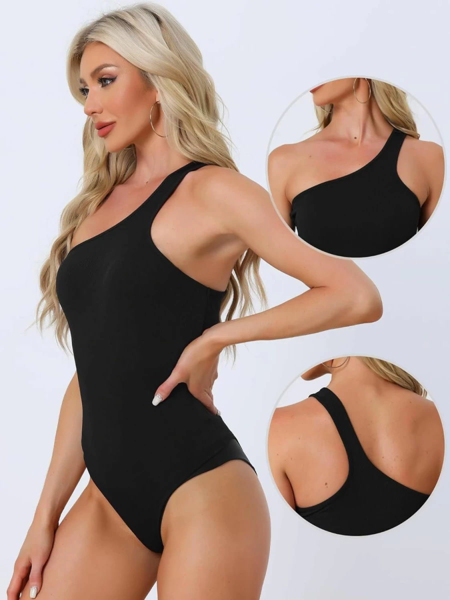 Allegra K Women's One Shoulder Sleeveless Bodysuit - Backless Thong Tank Top for Slimming Fit
