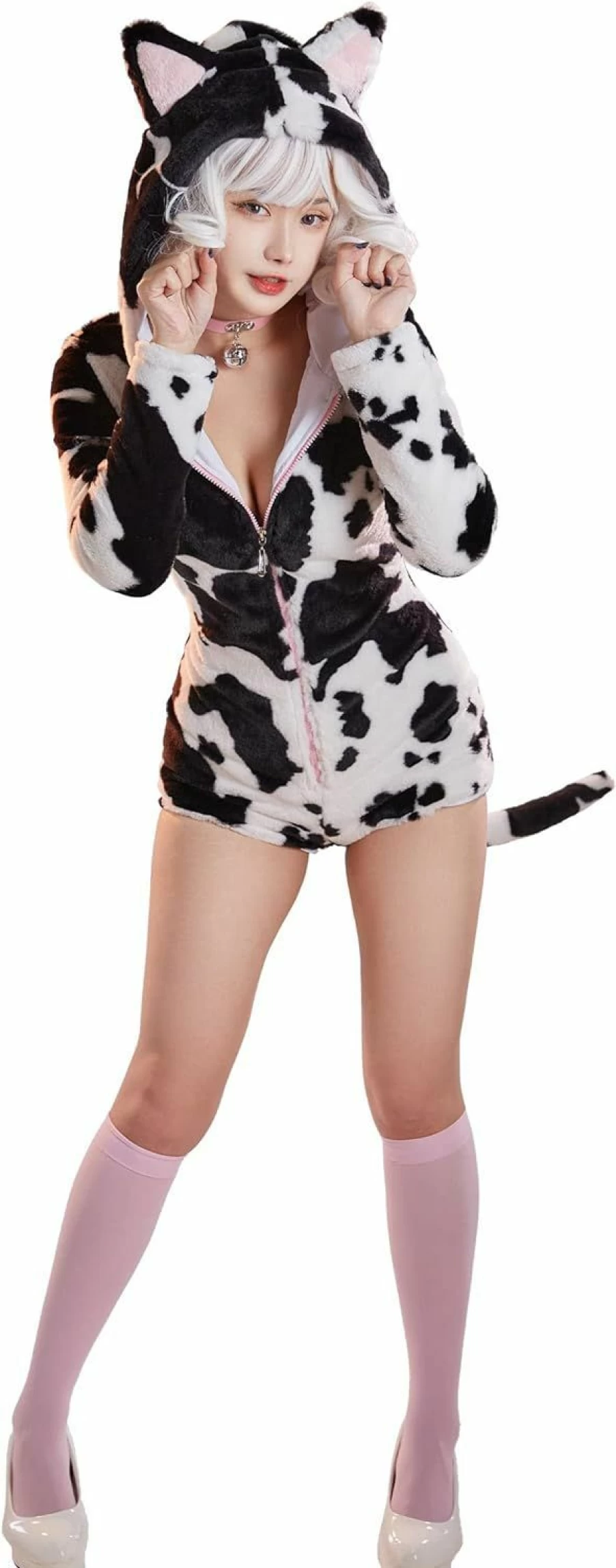 "MEOWCOS.COM Women's Sexy Cow Print Bodysuit - Long Sleeve Jumpsuit Pajama Onesie for Women"