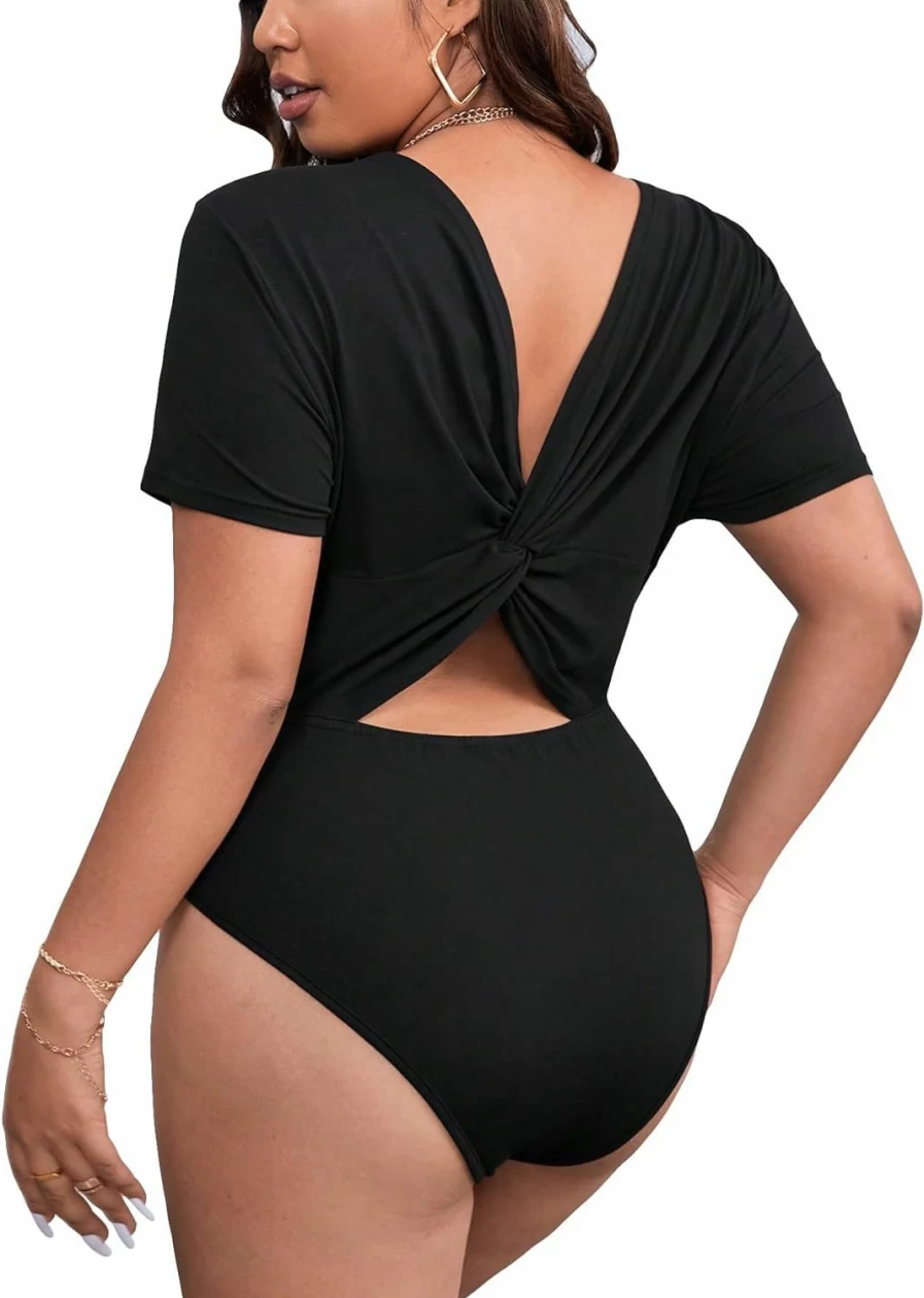 Floerns Plus Size Women's Twist Back Cut Out Short Sleeve Bodysuit Jumpsuit Romper