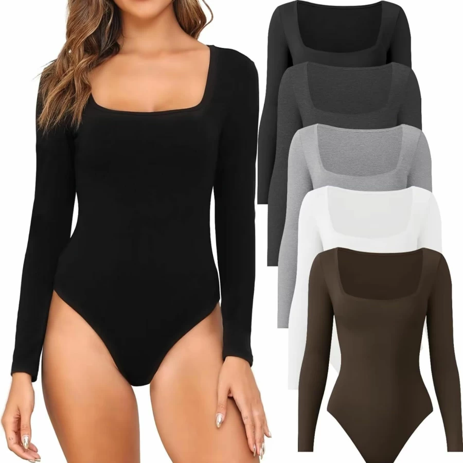 CE' CERDR Women's 4/5 Pack Long Sleeve Bodysuits - Stretchy Square Neck Tops for Women