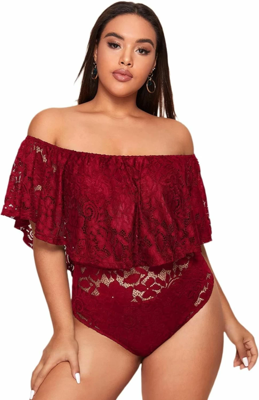 WDIRARA Plus Size Floral Lace Off-Shoulder Bodysuit - Women's Ruffled Short Sleeve Romper