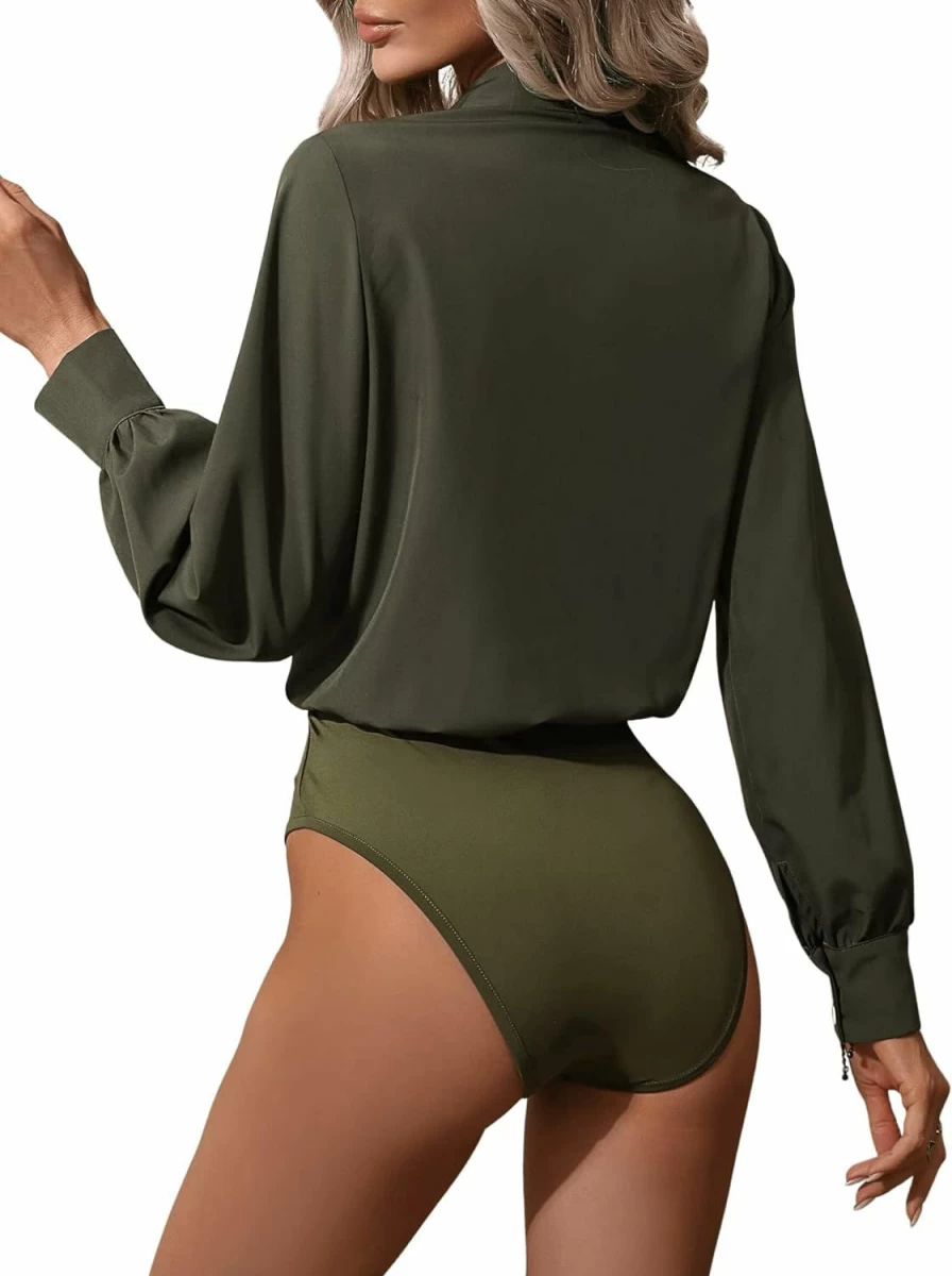 OYOANGLE Women's V-Neck Long Sleeve Blouse with Lapel Collar & Pocket - Stylish Bodysuit Top