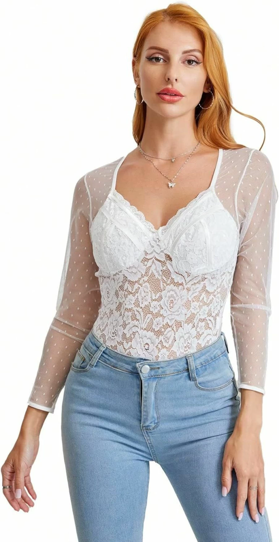 WDIRARA Women's Polka Dot Lace Sweetheart Neck Long Sleeve Mesh Bodysuit - Slim Fit Stretchy Comfortable T-Shirt Top