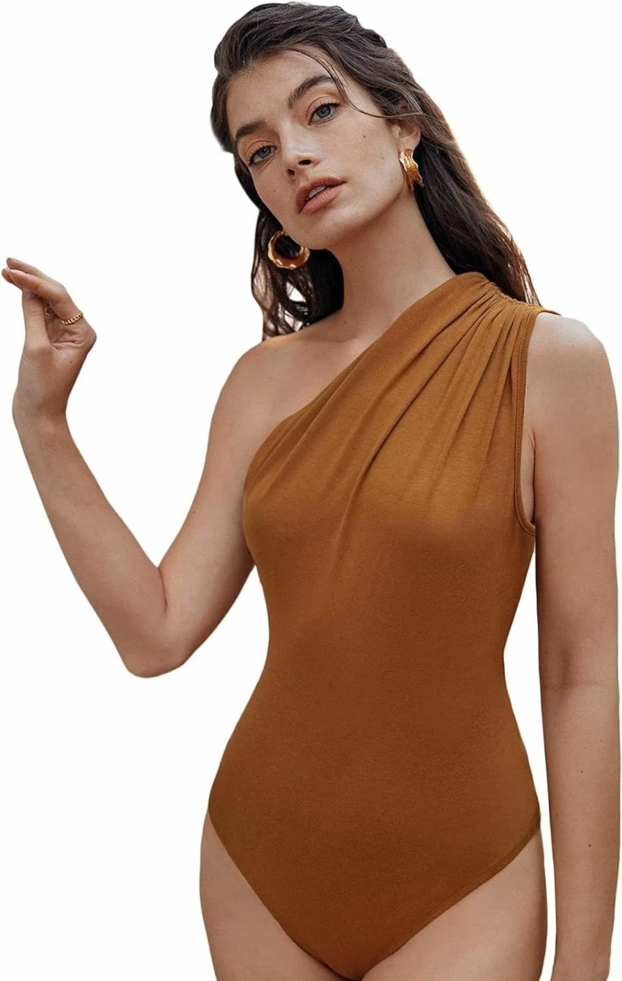Milumia Women's One Shoulder Ruched Bodysuit - Asymmetrical Neckline Sleeveless Solid Top