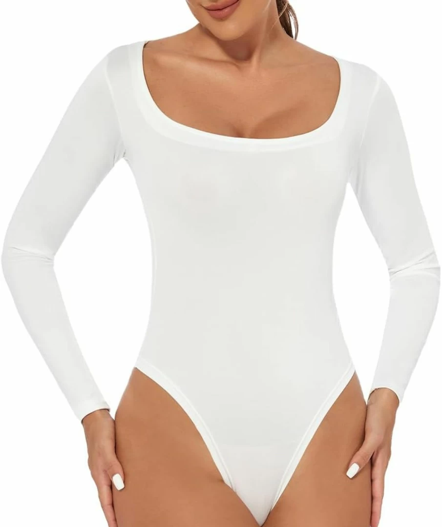 XQDALIN Women's Sexy Square Neck Long Sleeve Bodysuit - Slimming Thong Bodycon Tops for Casual & Going Out