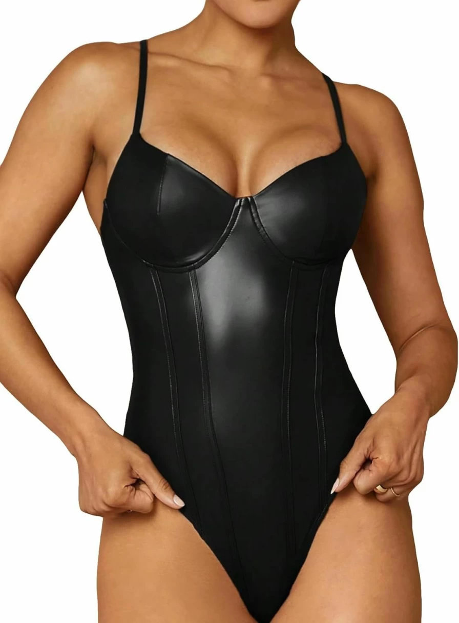 MakeMeChic Women's Y2K Faux Leather Bustier Top - Sleeveless Backless Bodycon Camisole Bodysuit