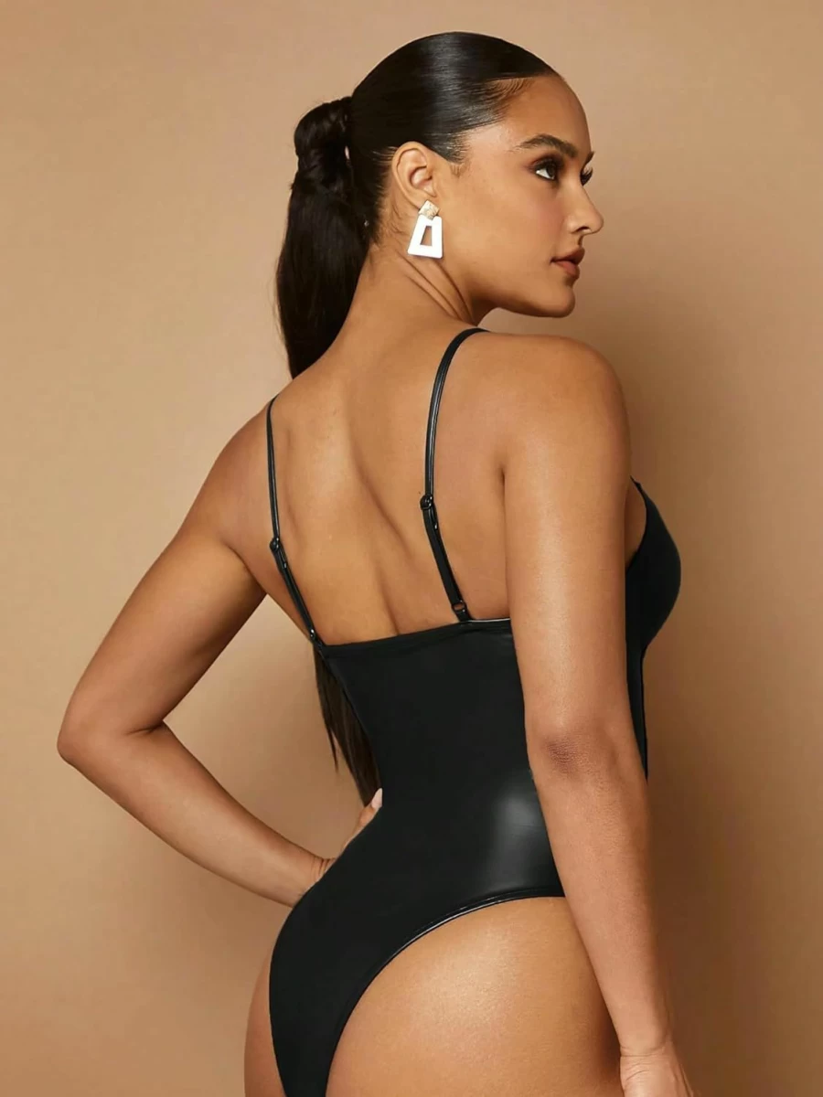 MakeMeChic Women's Y2K Faux Leather Bustier Top - Sleeveless Backless Bodycon Camisole Bodysuit