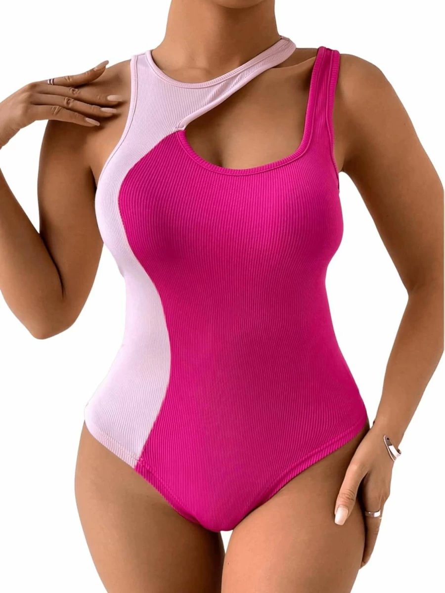 Floerns Plus Size Women's Colorblock Rib Knit Sleeveless Bodysuit Top with Cut Out Front Detail