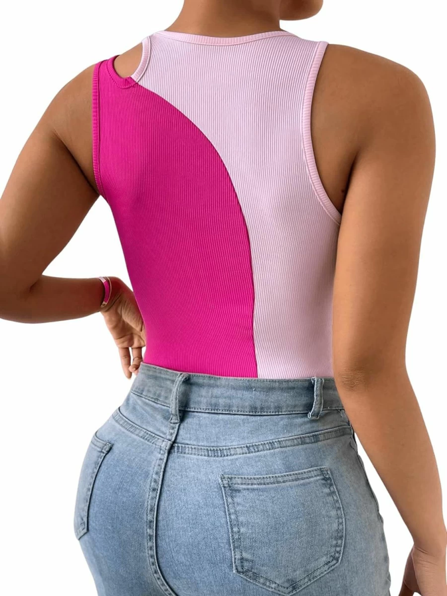 Floerns Plus Size Women's Colorblock Rib Knit Sleeveless Bodysuit Top with Cut Out Front Detail