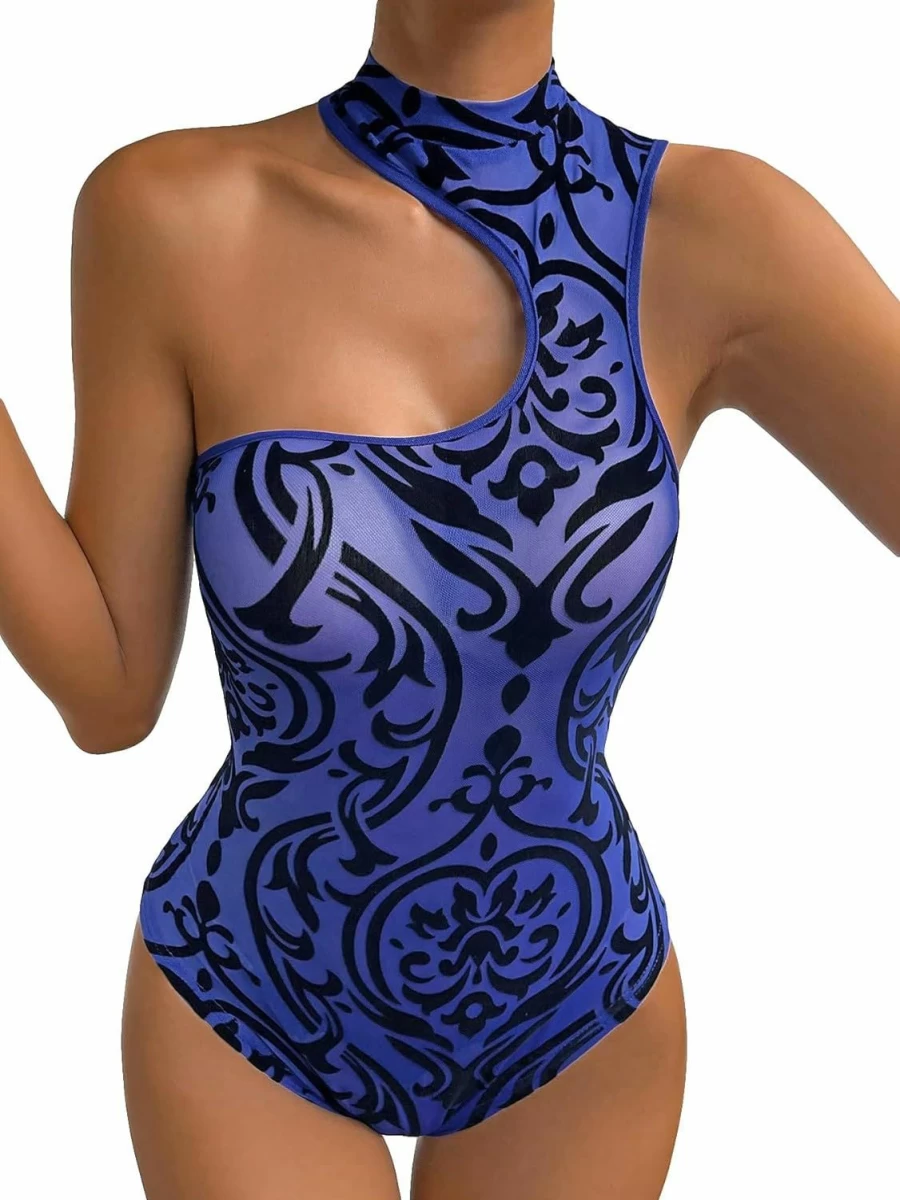 SHENHE Women's Sexy Mesh Cut Out Bodysuit - Asymmetrical Neck Sleeveless Jumpsuit with Allover Print
