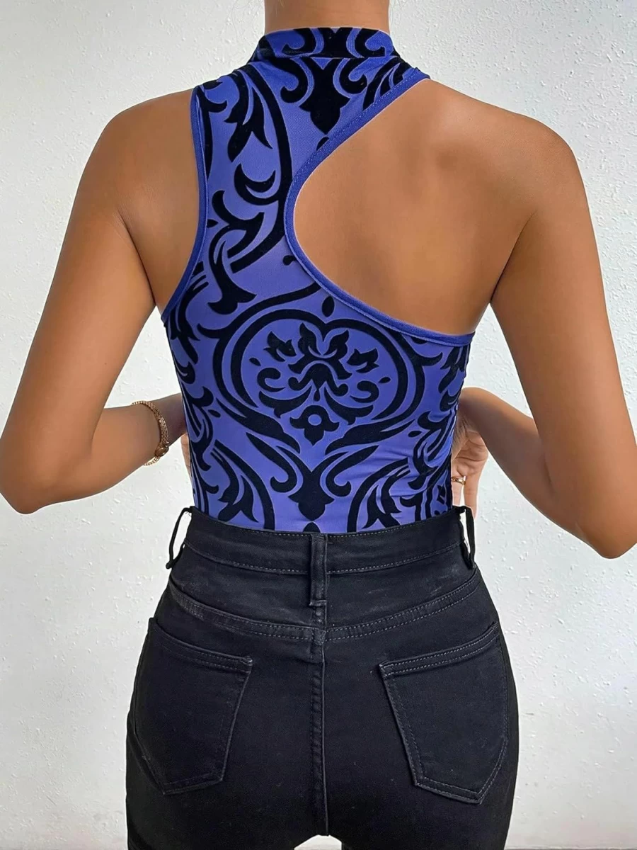 SHENHE Women's Sexy Mesh Cut Out Bodysuit - Asymmetrical Neck Sleeveless Jumpsuit with Allover Print