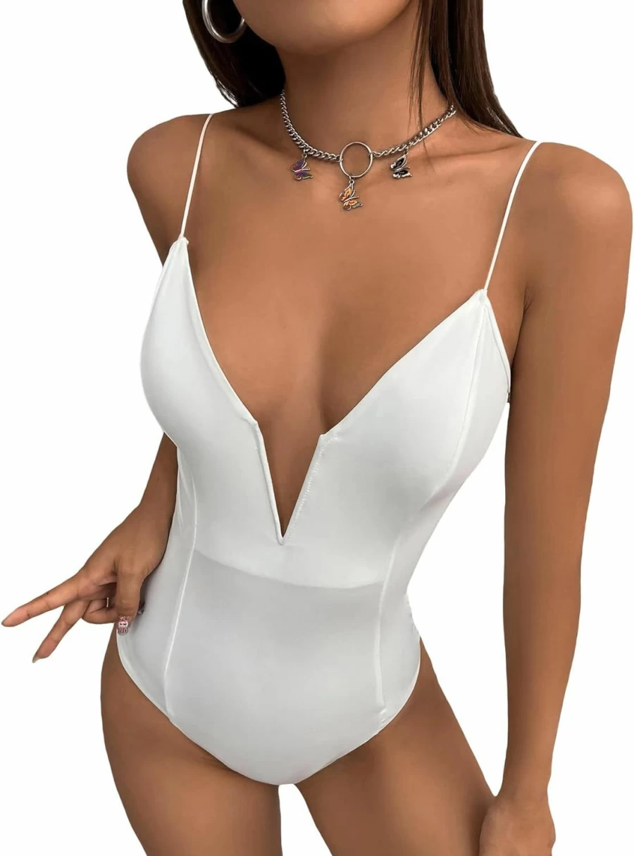 Milumia Women's Sexy Plunging Neckline Sleeveless Bodysuit - Solid Spaghetti Strap Cami Top for Women