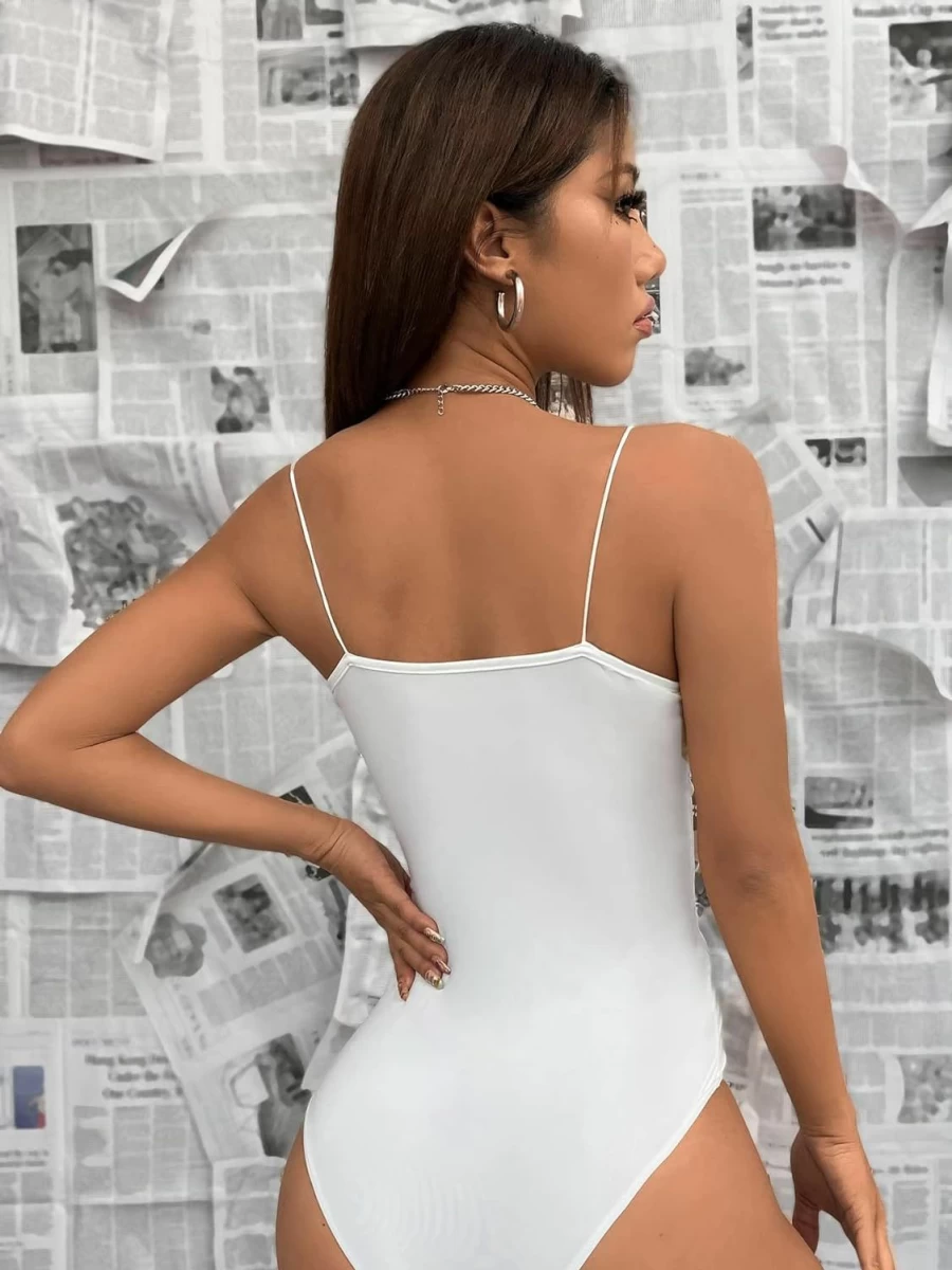 Milumia Women's Sexy Plunging Neckline Sleeveless Bodysuit - Solid Spaghetti Strap Cami Top for Women