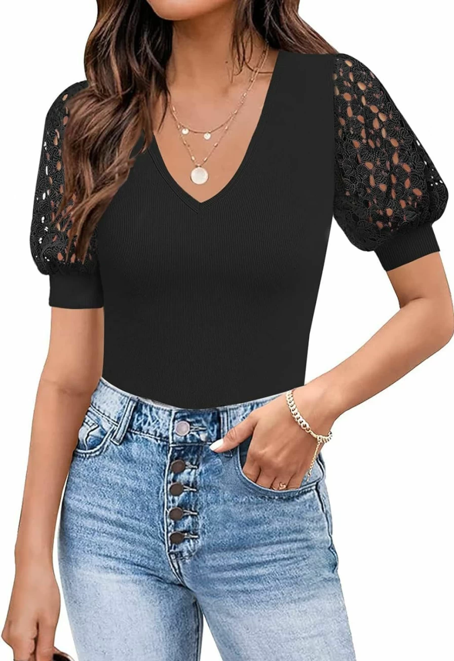 OWIN Women's Summer V-Neck Lace Puff Sleeve Stretchy Ribbed Knit Bodysuit Top