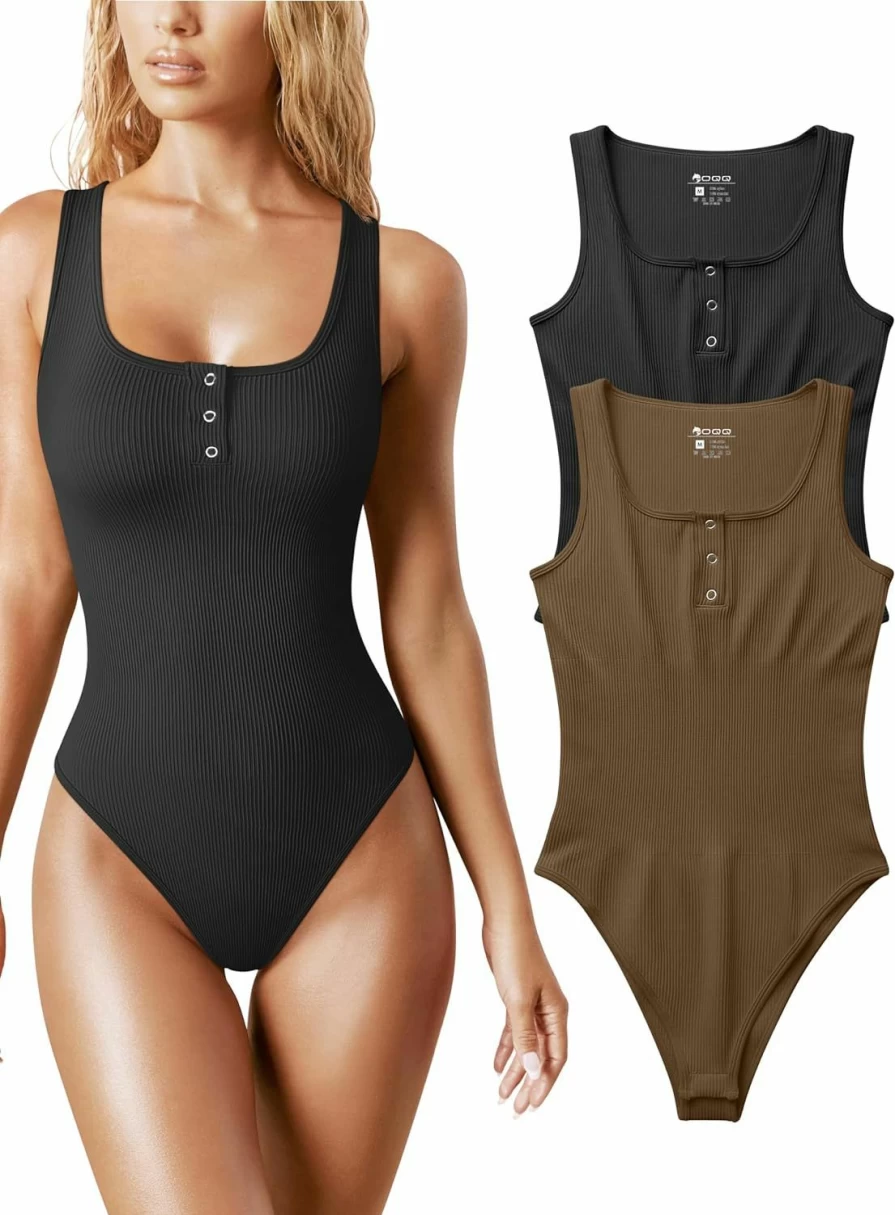 OQQ Women's Sexy Ribbed Bodysuit 2-Piece Set - Scoop Neck Sleeveless Button Down Tank Top One Piece