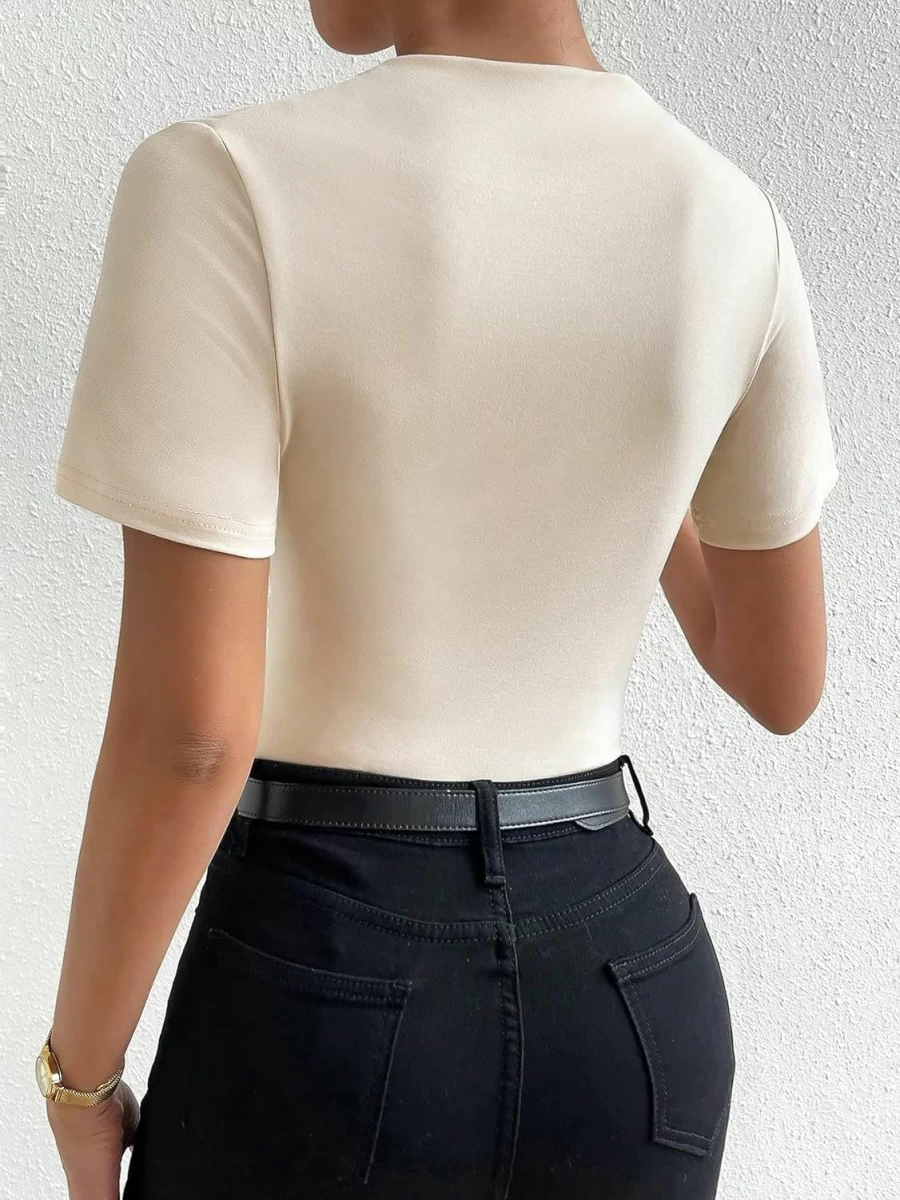 MakeMeChic Women's Ruched Mock Neck Bodysuit - Casual Short Sleeve Shirt Top for Women