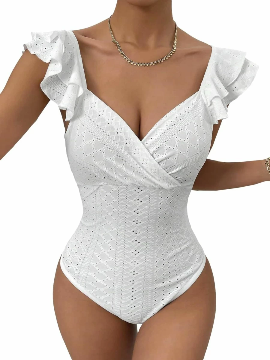 OYOANGLE Women's Backless Wrap V-Neck Bodysuit - Eyelet Embroidery & Ruffle Trim Cap Sleeve Tops