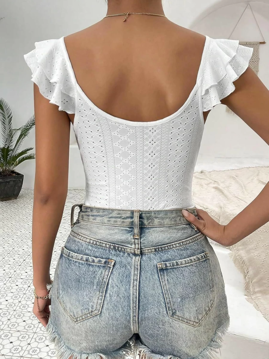 OYOANGLE Women's Backless Wrap V-Neck Bodysuit - Eyelet Embroidery & Ruffle Trim Cap Sleeve Tops