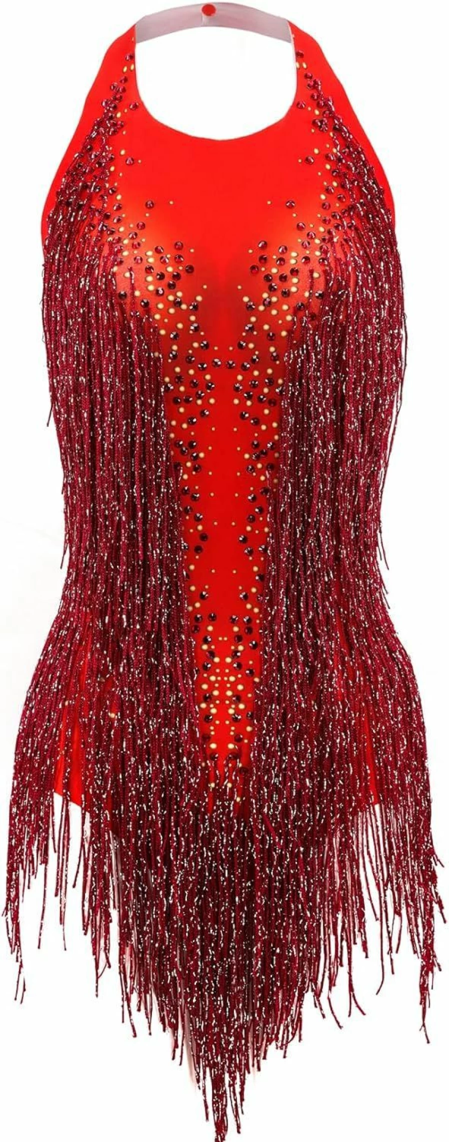 YUANTONG Sexy Red Rhinestone Fringe Leotard for Women - Backless Sleeveless Halter Bodysuit for Dance, Drag Queen, Latin Jazz Performance
