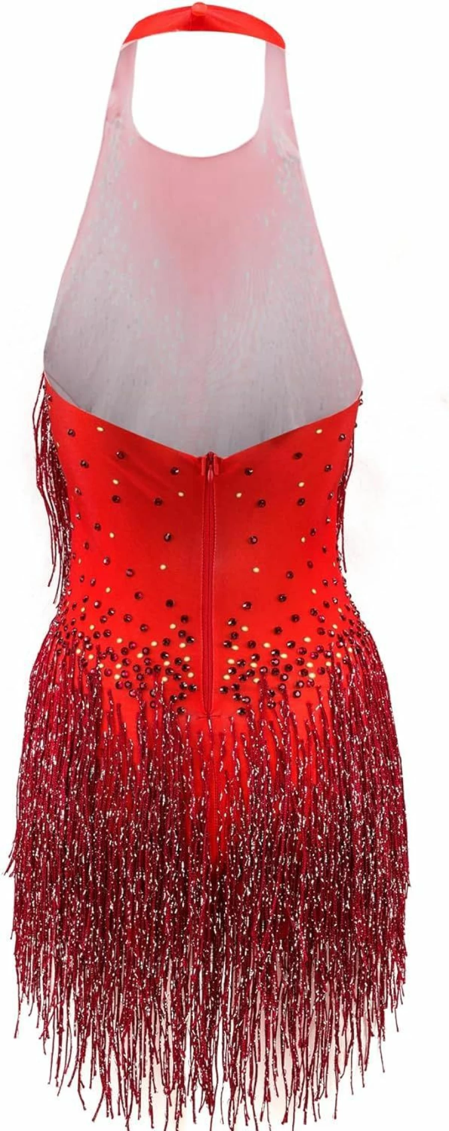 YUANTONG Sexy Red Rhinestone Fringe Leotard for Women - Backless Sleeveless Halter Bodysuit for Dance, Drag Queen, Latin Jazz Performance