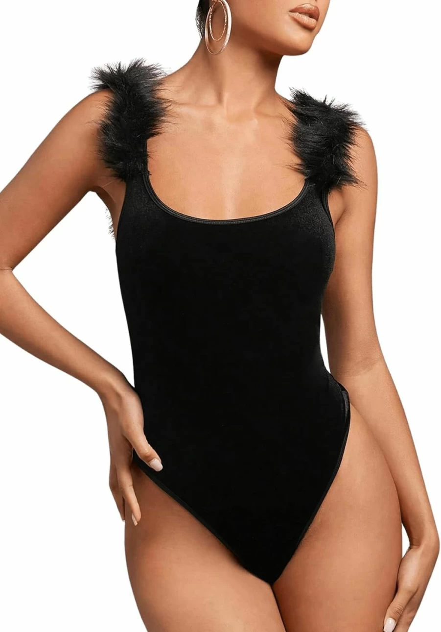 OYOANGLE Women's Fuzzy Trim Scoop Neck Sleeveless Bodysuit - Clubwear Party Tank Top for Women