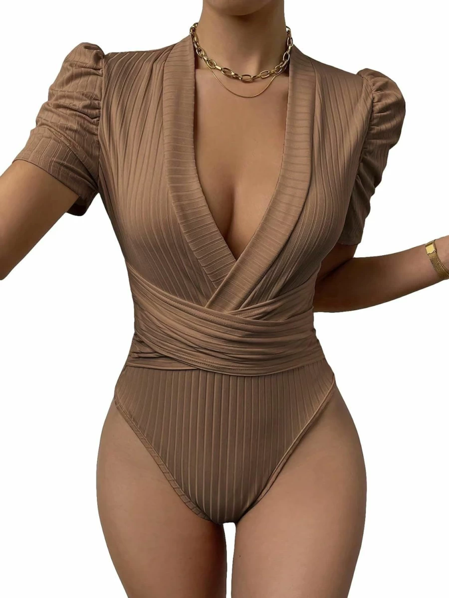 SweatyRocks Women's Slim Fit Cross Wrap V-Neck Bodysuit Top with Puff Sleeves