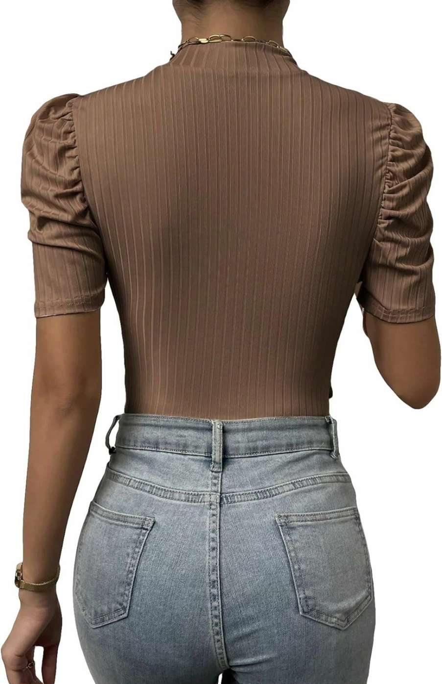 SweatyRocks Women's Slim Fit Cross Wrap V-Neck Bodysuit Top with Puff Sleeves