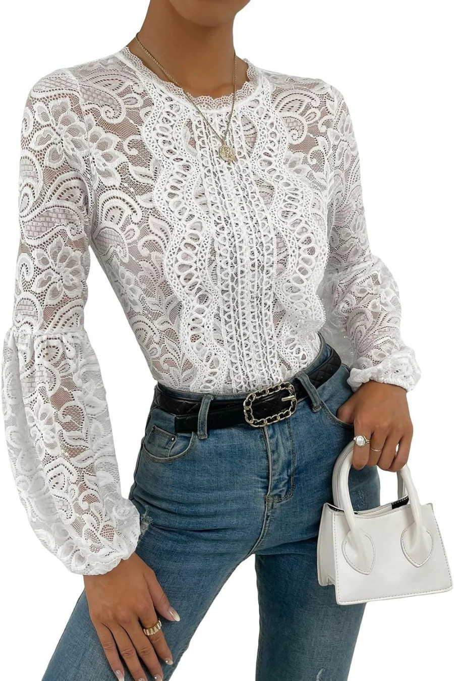 OYOANGLE Women's Floral Lace Blouse Long Sleeve Elegant Tops Lantern Sleeve Bodysuit Shirt
