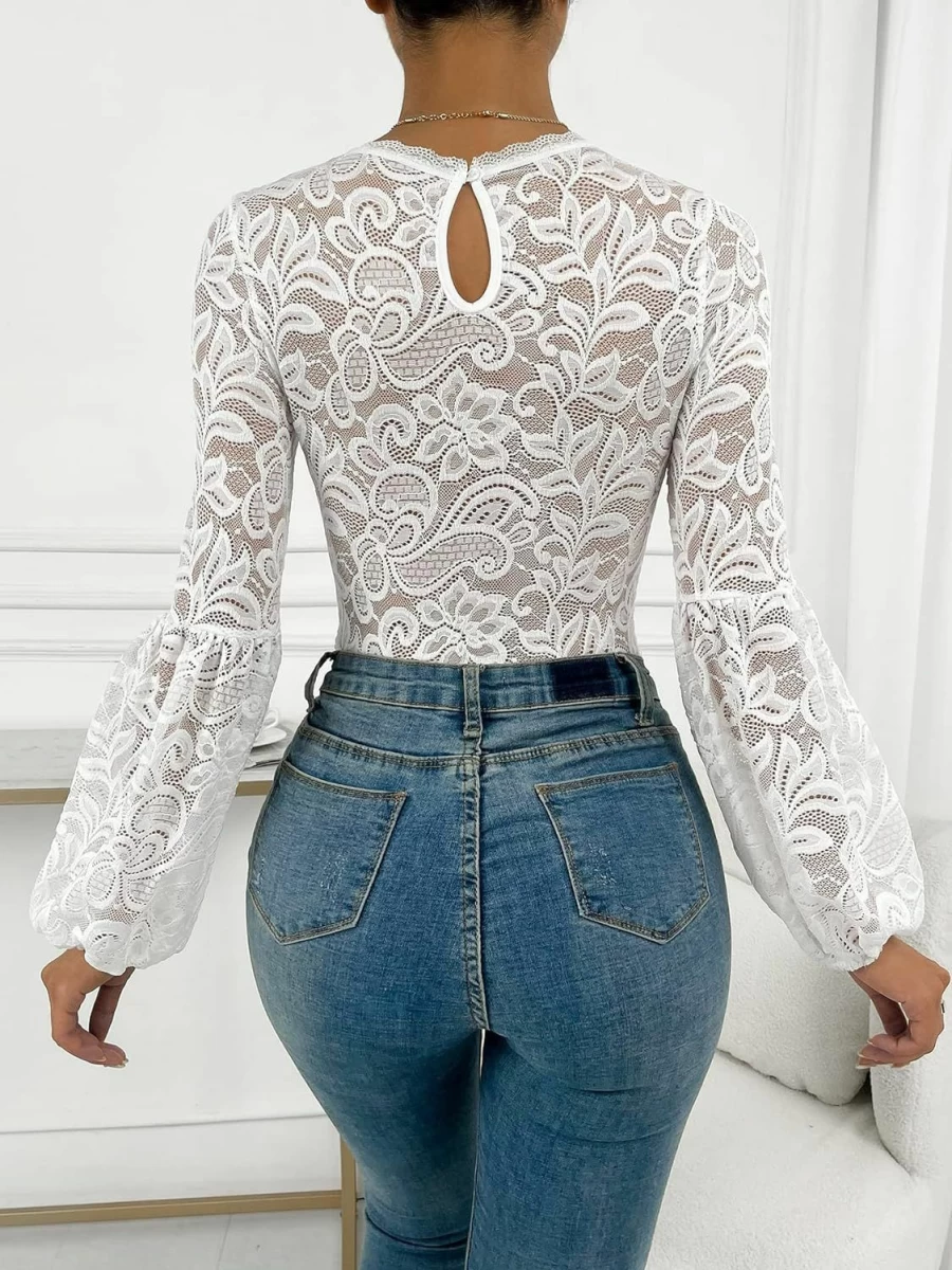 OYOANGLE Women's Floral Lace Blouse Long Sleeve Elegant Tops Lantern Sleeve Bodysuit Shirt