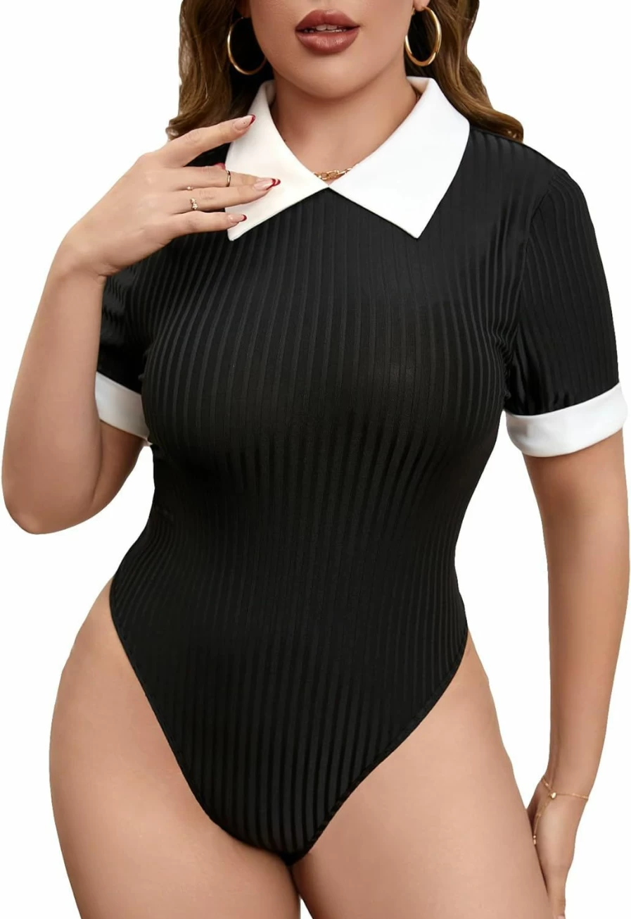 OYOANGLE Women's Plus Size Slim Fit Ribbed Knit Bodysuit with Collar Short Sleeve