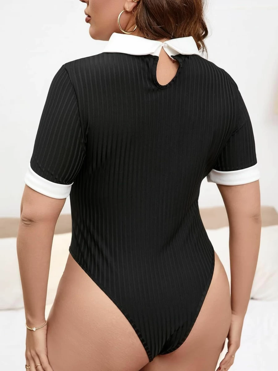 OYOANGLE Women's Plus Size Slim Fit Ribbed Knit Bodysuit with Collar Short Sleeve