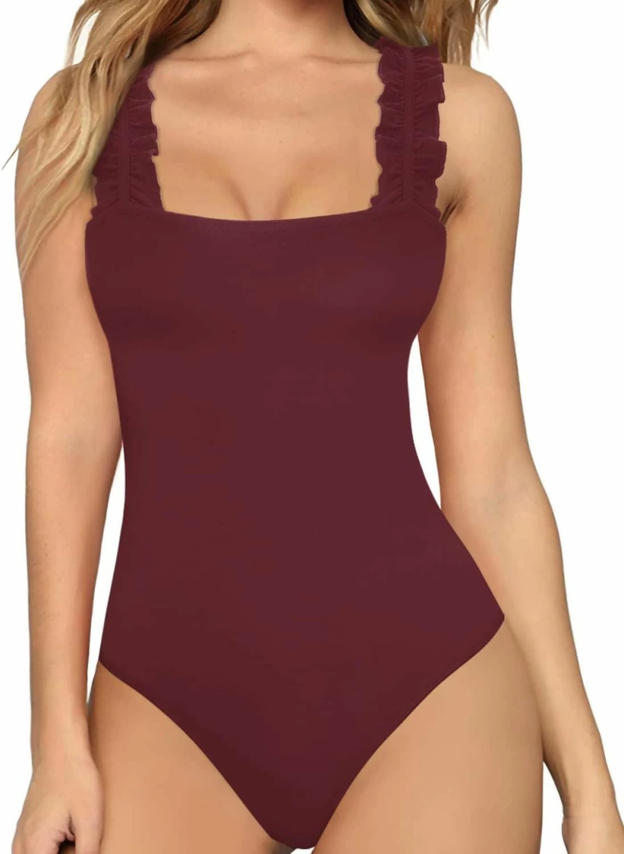 MANGOPOP Women's Square Neck Ruffle Sleeveless Tank Top Bodysuit - Elastic Strap Shirt for Women