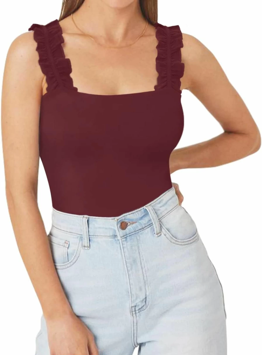 MANGOPOP Women's Square Neck Ruffle Sleeveless Tank Top Bodysuit - Elastic Strap Shirt for Women