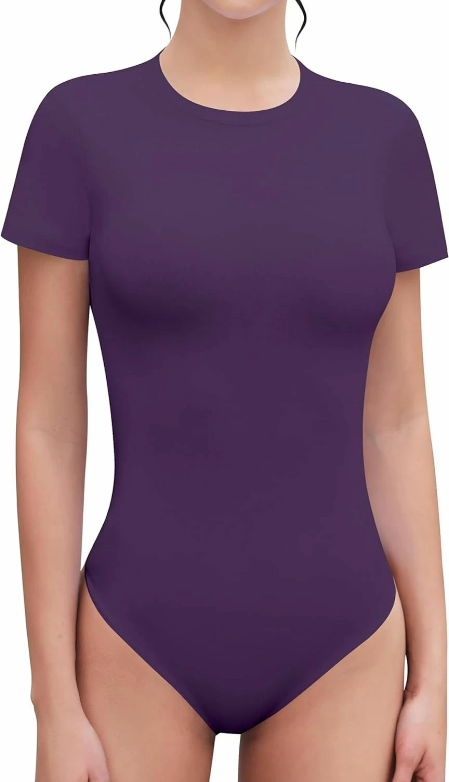 SHEIUGU Women's Slim Fit Basic T-Shirt Top - Crew Neck Short Sleeve Bodysuit Leotard for Casual Wear