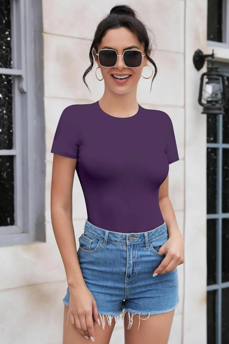 SHEIUGU Women's Slim Fit Basic T-Shirt Top - Crew Neck Short Sleeve Bodysuit Leotard for Casual Wear